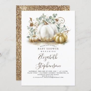 White and Gold Pumpkins Fall Baby Shower Invitation