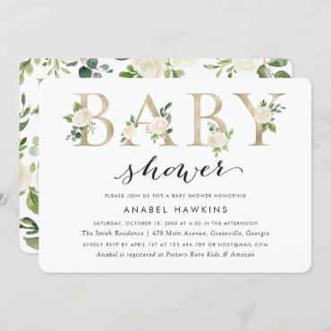 White Floral Greenery Gold Foil Baby Shower Invitation