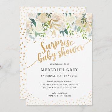 White Floral Surprise Baby Shower Invitation