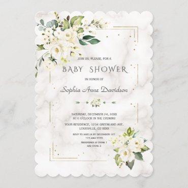 White Flowers Gold Glitter Marble Baby Shower Invitation