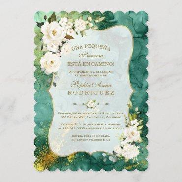 White Flowers Malachite Gold Spanish Baby Shower Invitation