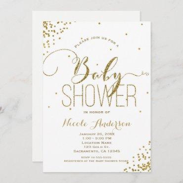 White & Gold Glam Glitter Corners BABY SHOWER Invitation
