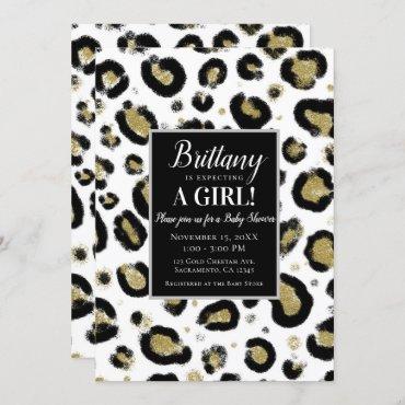 White Gold Glitter & Black Leopard Baby Shower Invitation