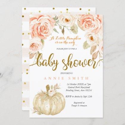 White Gold Peach baby shower Invitation card girl