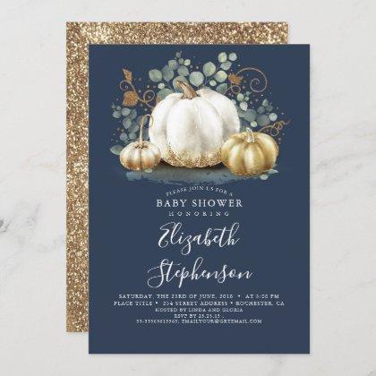 White Gold Pumpkins Navy Blue Fall Baby Shower Invitation