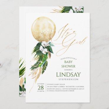 White Orchids Palm Leaves Gold Balloon Baby Shower Invitation