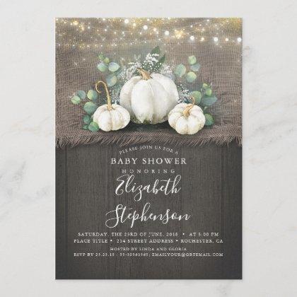 White Pumpkins Rustic Country Fall Baby Shower Invitation
