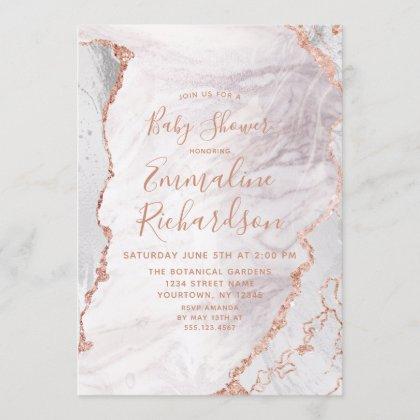 White & Rose Gold Agate Marble Baby Shower Invitation