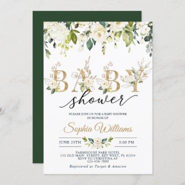 White Rose & Gold Eucalyptus Baby Shower  Invitation