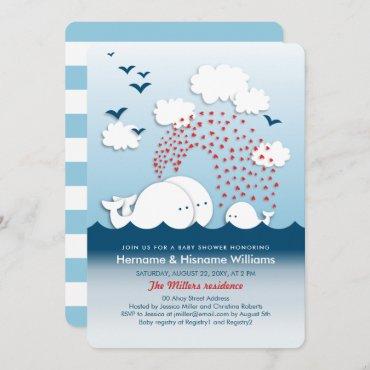 White Whales Cute Couples Baby Shower Invite