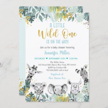 Wild One Blue Gold Safari Baby Shower Invitation