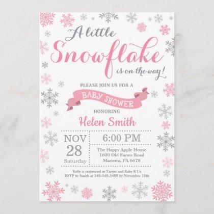 Winter Baby Shower Invitation Pink Snowflake