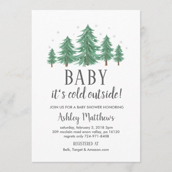 Winter baby shower invite, evergreen trees, cold