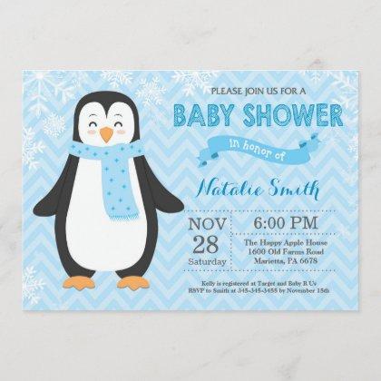 Winter Blue Penguin Boy Baby Shower Invitation