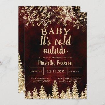 Winter Christmas gold snow pine red baby shower Invitation