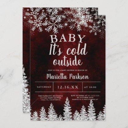 Winter Christmas silver snow pine red baby shower Invitation