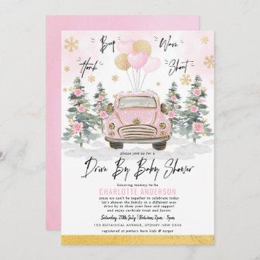 Winter Drive By Baby Shower Pink Gold Floral Car