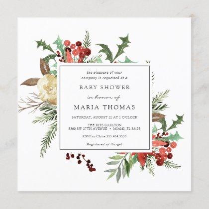 Winter Florals and Evergreen Baby Shower Invitation