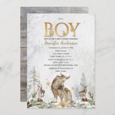 Winter Forest Boy Country Wolf Deer Baby Shower Invitation