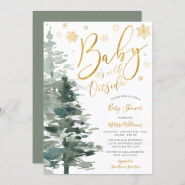 Winter Forest Gold It's Cold Outside Baby Shower Invitation