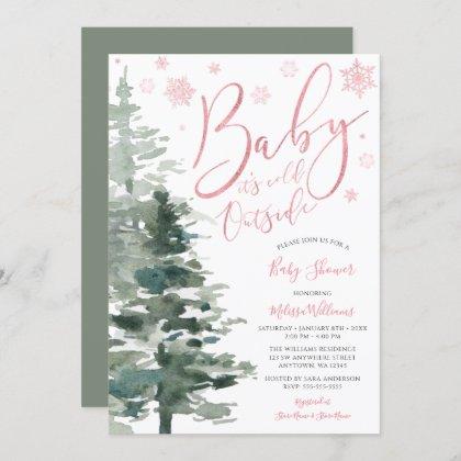 Winter Forest Pink It's Cold Outside Baby Shower Invitation