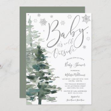 Winter Forest Silver It's Cold Outside Baby Shower Invitation