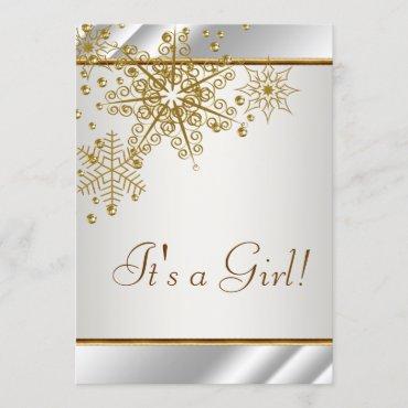 Winter Gold White Snowflakes Baby Girl Shower Invitation