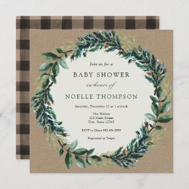 Winter Greenery and Plaid Baby Shower Invitation