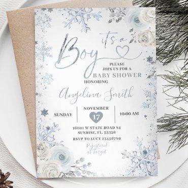 Winter Pastel Blue Snowflake Floral Baby Shower In