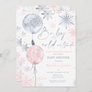 Winter Pink Silver Snowflake Baby Shower Invitation