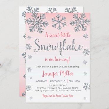 Winter Snowflake Pink & Silver Baby Shower Invitation