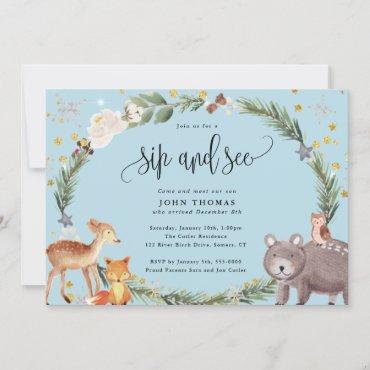 Winter Woodland Animals Baby Boy Sip and See Blue Invitation