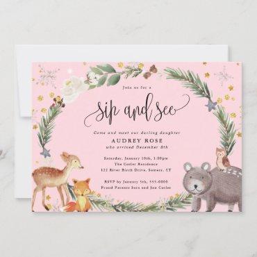 Winter Woodland Animals Baby Girl Sip and See Pink Invitation