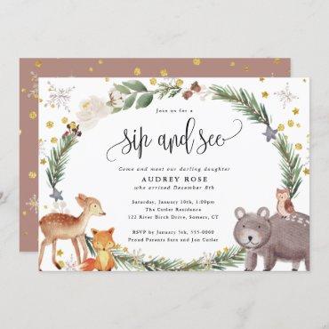 Winter Woodland Animals Baby Sip and See Invitation