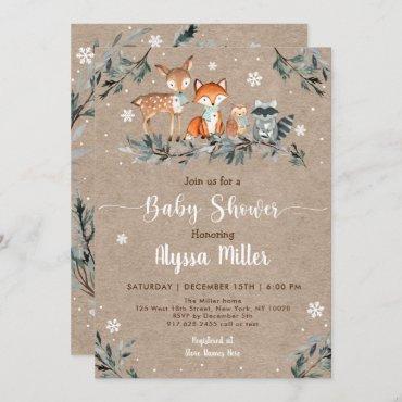 Winter Woodland Greenery Snowflake Baby Shower Invitation