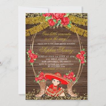 Wood Rustic Mexican Red Charra Baby Shower Invite