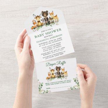 Woodland Animals Baby Shower and Diaper Raffle All In One Invitation