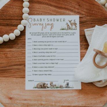 Woodland Animals Baby Shower Survey Says Card