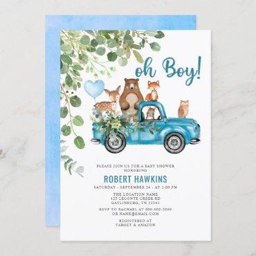Woodland Animals Blue Truck Baby Shower Invitation