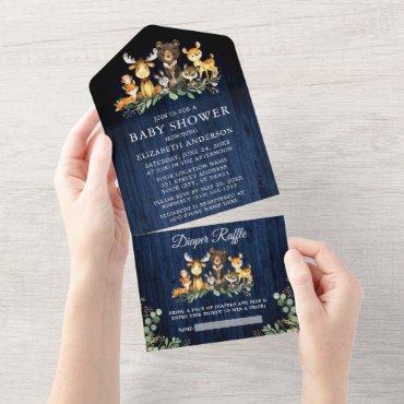 Woodland Animals Blue Wood Baby Shower and Raffle  All In One Invitation