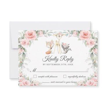 Woodland Animals Soft Blush Pink Flowers Greenery  RSVP Card