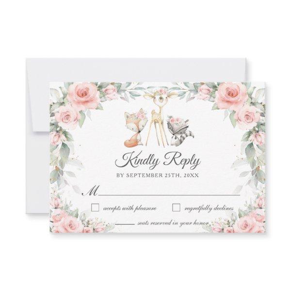 Woodland Animals Soft Blush Pink Flowers Greenery  RSVP Card