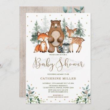 Woodland Baby Shower Forest Animals Greenery Gold Invitation