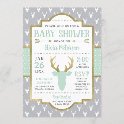 Woodland Baby Shower Invitation, Mint, Gray Invitation