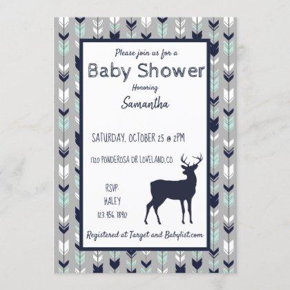 Woodland Baby Shower Invitation- Mint/navy/grey Invitation