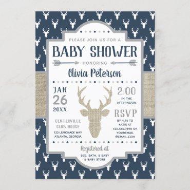 Woodland Baby Shower Invitation, Navy, Burlap Invitation