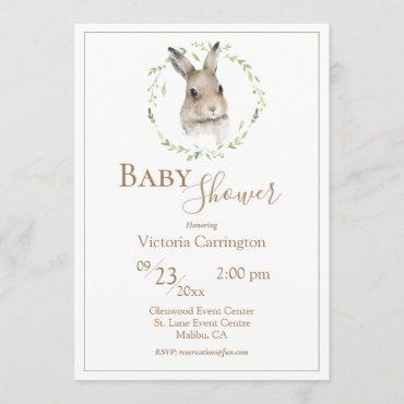 Woodland Bunny Greenery Baby Shower Invitation