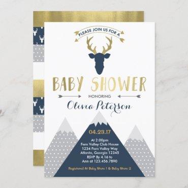 Woodland Deer Baby Shower Invitation, Faux Foil Invitation