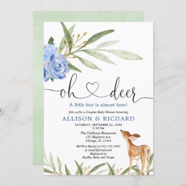 Woodland deer blue greenery couples baby shower invitation