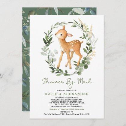 Woodland Deer Greenery Gold Baby Shower By Mail Invitation